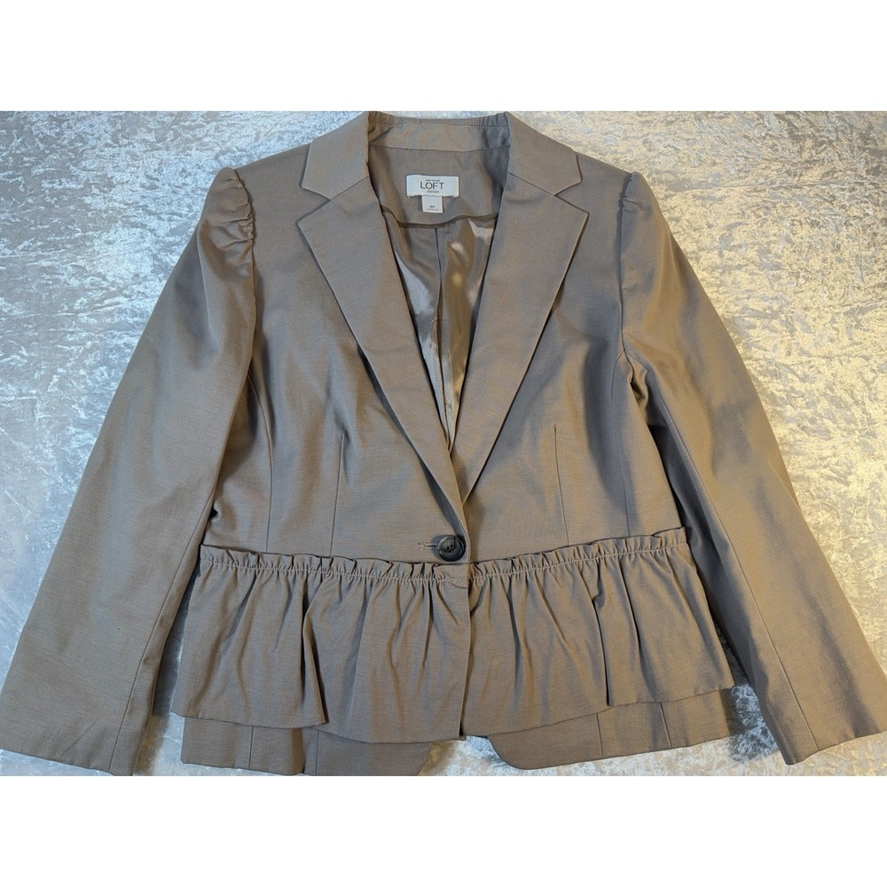 LOFT Petites Blazer Women 8P Taupe Ruffle Peplum Puff Sleeve Career Jacket